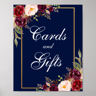 Blumenburgund Blue Gold Hochzeitskarten Geschenke Poster