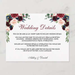 Blumenburgund Blue Wedding Details Beipackkarte Postkarte