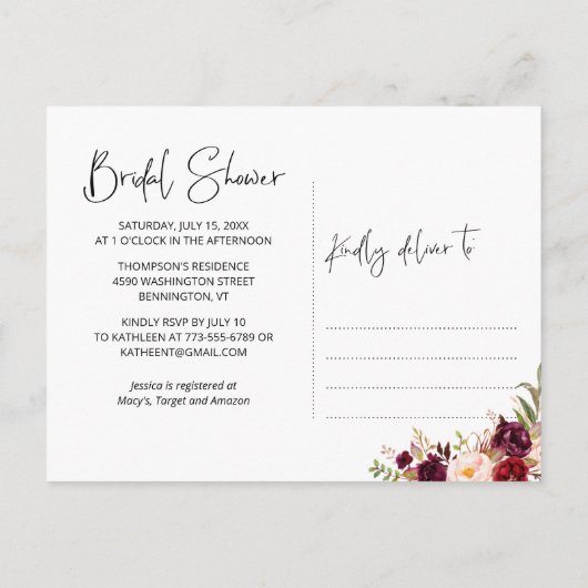 Blumenburgund-Brautparty Einladungspostkarte (Rückseite)