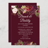 Blumenburgund Brunch und Bubbly-Brautparty Einladung (Vorne/Hinten)