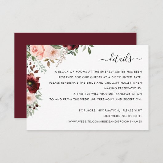 Blumenburgund Details zur Blütengrün Beilage Einladung (Vorne/Hinten)