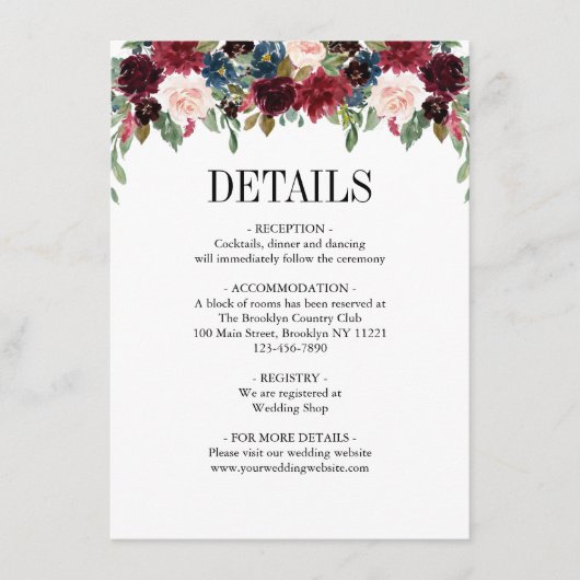 Blumenburgund-Hochzeit Begleitkarte (Vorderseite)