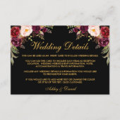 Blumenburgund-Hochzeitdetails Schwarze Beilage Kar Begleitkarte (Vorderseite)