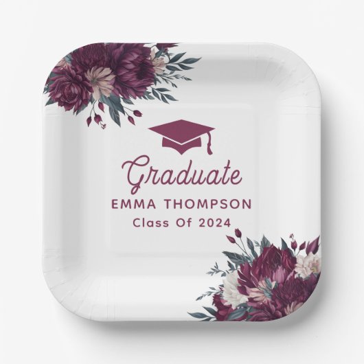 Blumenburgund und Creme-Abschluss-Klasse 2024 Pappteller (Vorderseite)