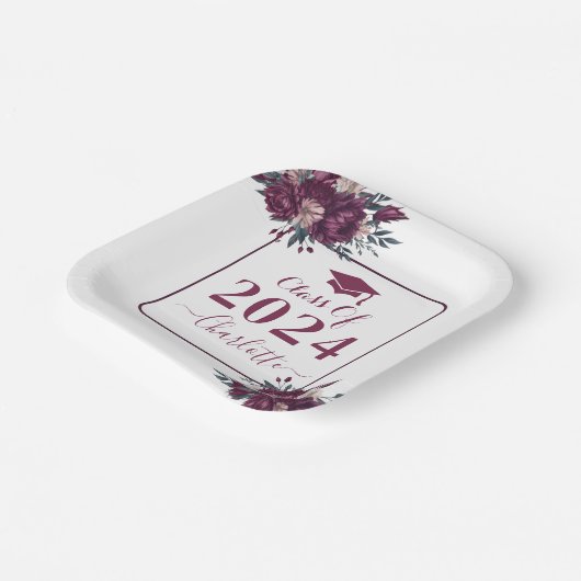 Blumenburgund und Creme-Abschluss-Klasse 2024 Pappteller (Gewinkelt)