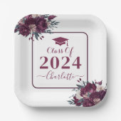 Blumenburgund und Creme-Abschluss-Klasse 2024 Pappteller (Vorderseite)