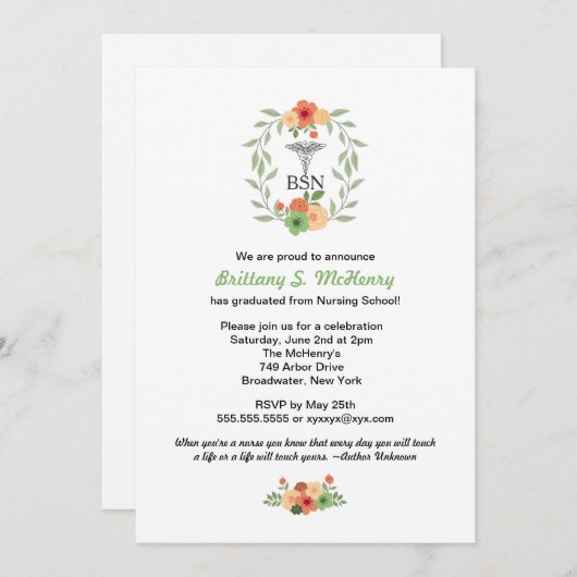Blumencaduceus Krankenschwester, die Abschluss BSN Einladung (Vorne/Hinten)