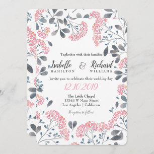 Blumenchic grau rosa Aquarellfarbenhochzeit Einladung