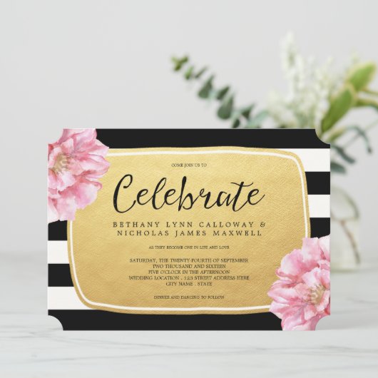 Blumenchic Hochzeitseinladung / Gold Einladung (Stehend Vorderseite)