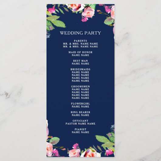 Blumenchic Navy Blue Elegant Hochzeitsprogramm Programm (Rückseite)