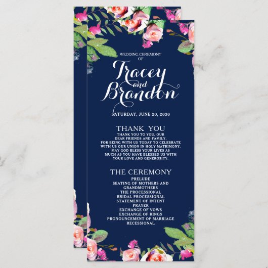 Blumenchic Navy Blue Elegant Hochzeitsprogramm Programm (Vorne/Hinten)