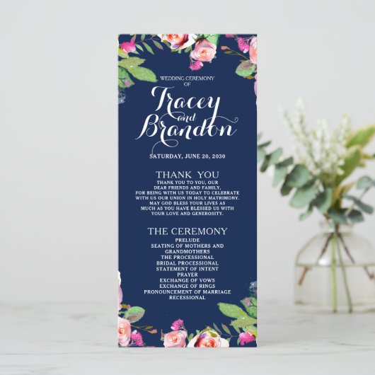 Blumenchic Navy Blue Elegant Hochzeitsprogramm Programm (Stehend Vorderseite)