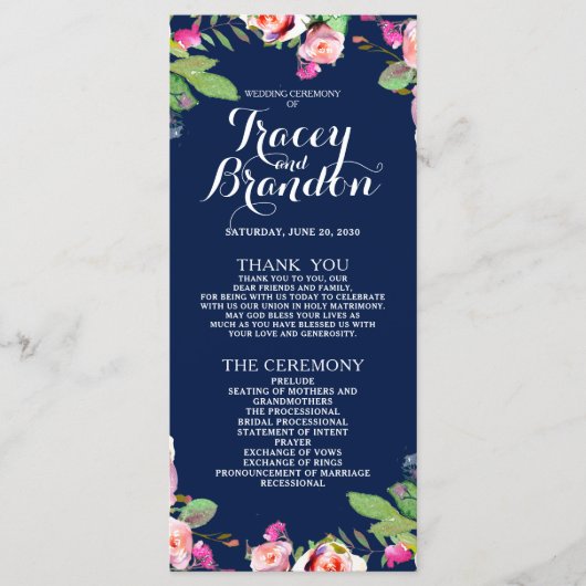 Blumenchic Navy Blue Elegant Hochzeitsprogramm Programm (Vorderseite)