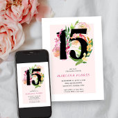 Blumenchic Nummer 15 Rosa und Gold Quinceanera Einladung