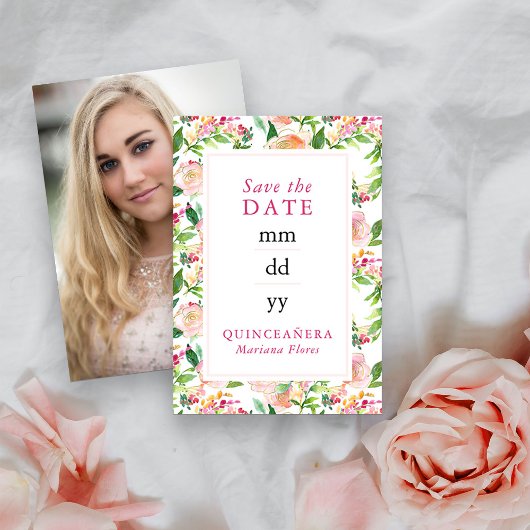 Blumenchic Pink Gold Editable Quinceanera Foto Save The Date