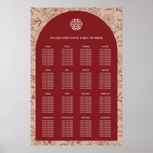 Blumenchinesisch Hochzeit 16 Tafelsitzkarten Poster (Vorne)