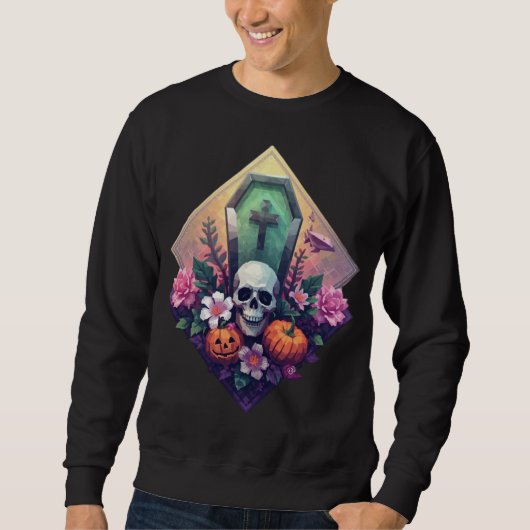 Blumencoffin-Schädel mit Kürbis-Pixel-Kunst Sweatshirt (Vorderseite)