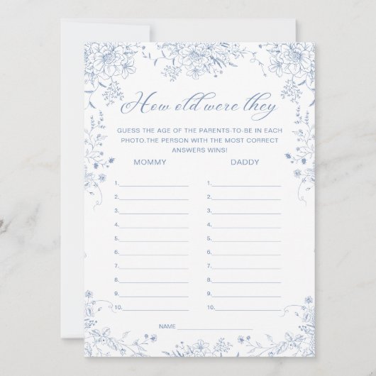 Blumencoole Blue Baby Dusche Guess Age Game Card Einladung (Vorderseite)