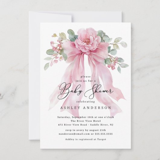 Blumencoquette Bow Babydusche Einladung (Vorderseite)