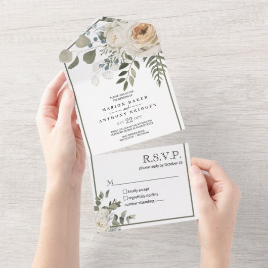 Blumencreme von Weißen Rose Grüne Hochzeit All In One Einladung (Abreißen)
