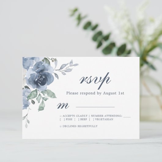 Blumendark Blue Ivory Rose Wedding RSVP (Stehend Vorderseite)