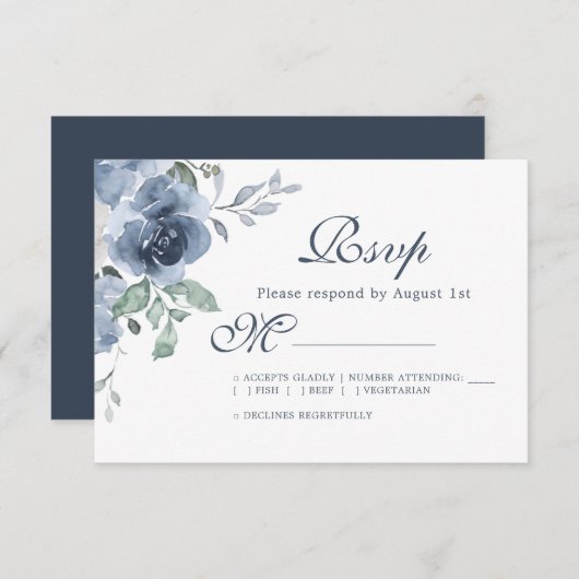 Blumendark Blue Ivory Rose Wedding RSVP Karte (Vorne/Hinten)