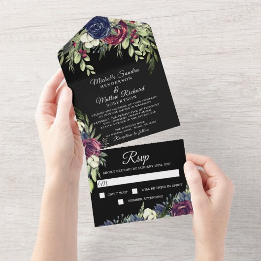 Blumendark & Moody-Hochzeit in einem All In One Einladung (Abreißen)