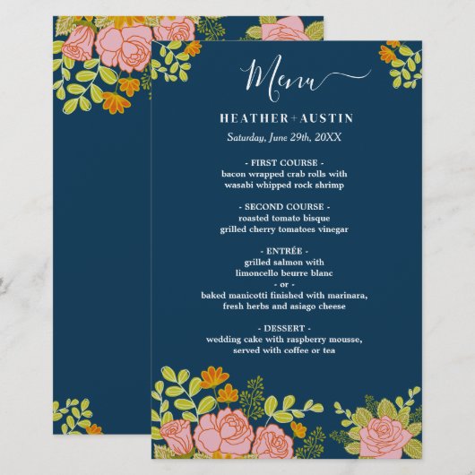 Blumendark Navy Blue Wedding Botanic Deco Menü (Vorne/Hinten)