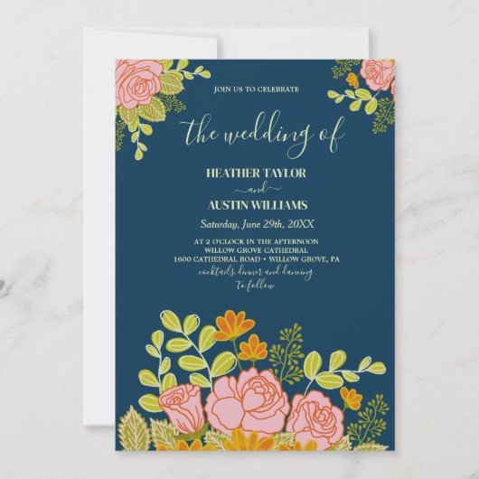 Blumendark Navy Blue Wedding Botanic Einladung (Vorderseite)