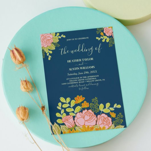 Blumendark Navy Blue Wedding Botanic Einladung