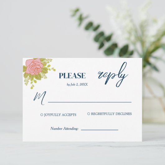 Blumendark Navy Blue Wedding Botanic RSVP Karte (Stehend Vorderseite)