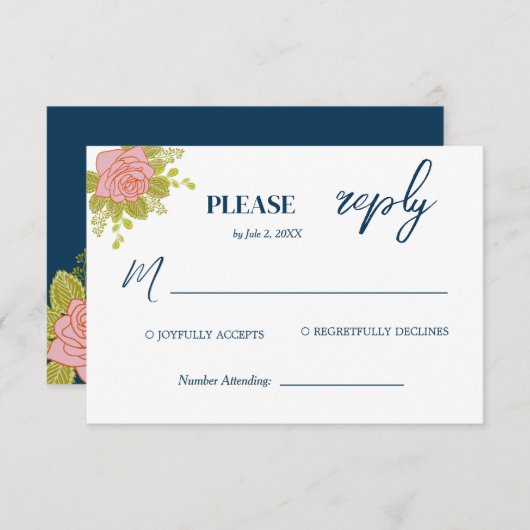 Blumendark Navy Blue Wedding Botanic RSVP Karte (Vorne/Hinten)