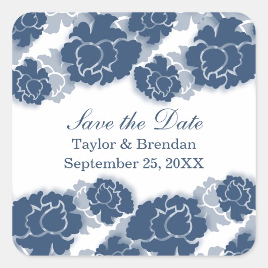 Blumendekadenz Save the Date Stickers, blau Quadratischer Aufkleber (Vorderseite)