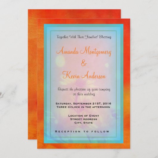 Blumendesign auf einer orangen Hintergrundhochzeit Einladung (Vorne/Hinten)