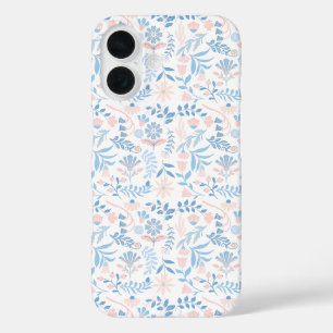 Blumendesign Boho-Blockdruck blau rosa Mädchenhaft iPhone 16 Hülle