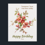 Blumendesign Jemand I Liebe Geburtstag CC1208 Postkarte<br><div class="desc">Geburtstagskarte inspiriert durch ein Blumendesign aus dem 19. Jahrhundert für Tapeten und Textilien. Eine wunderschöne Komposition aus roten Blume und Blätter eines unbekannten französischen Künstlers. Die Geburtstagsbotschaft auf der Vorderseite der Postkarte lautet: Jemand, den ich Liebe hatte, war heute geboren - Happy Birthday! Dann kannst du deinen eigenen Namen hinzufügen...</div>