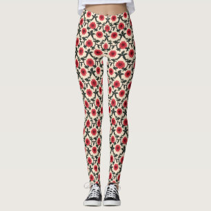 Blumendesign mit roten Blumen und grünen Blättern Leggings