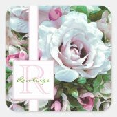 Blumendesign | Rosa Rose | Monogramm Quadratischer Aufkleber (Vorderseite)