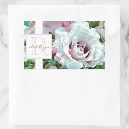 Blumendesign | Rosa Rose | Monogramm Rechteckiger Aufkleber (Tasche)