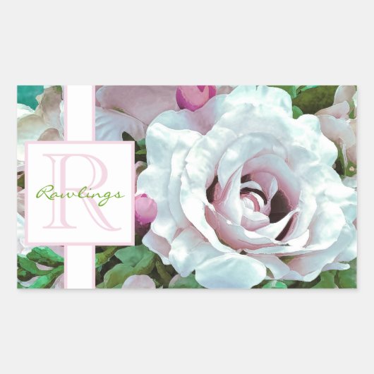 Blumendesign | Rosa Rose | Monogramm Rechteckiger Aufkleber (Vorderseite)