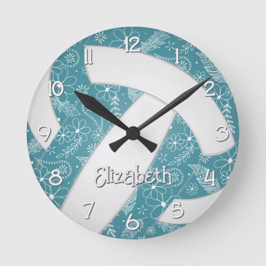 Blumendoodle aquamarines Boho-Sportvolleyball Runde Wanduhr (Vorderseite)