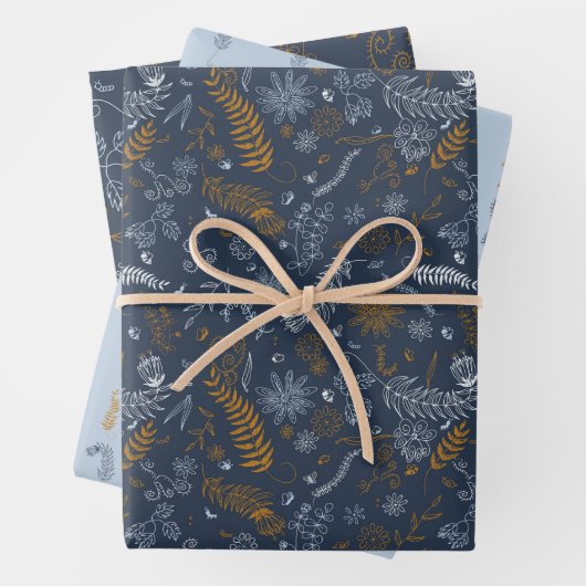 Blumendoodles in blau geschenkpapier set (Beispiel)