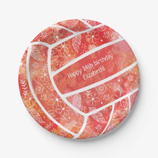 Blumendoodles Rotes Volleyball Pappteller (Vorderseite)