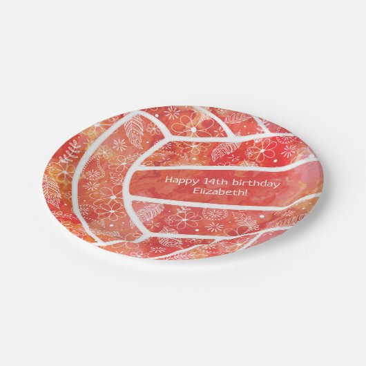 Blumendoodles Rotes Volleyball Pappteller (Schrägansicht)