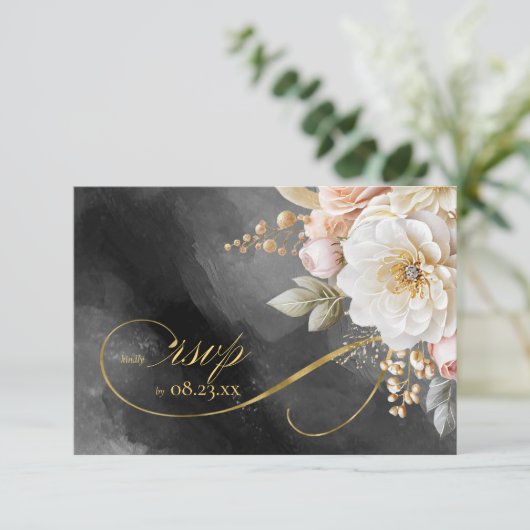 Blumendrama Hochzeit QR Code Kohle ID1022 RSVP Karte (Stehend Vorderseite)