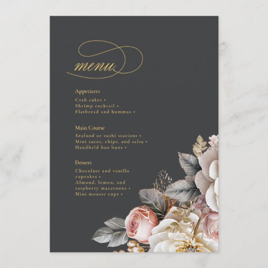 Blumendrama Wedding Menu, Kohle ID1022 Menükarte (Vorderseite)