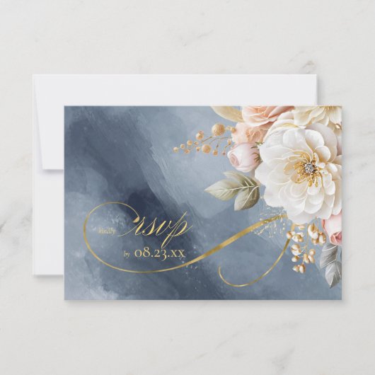 Blumendrama Wedding QR Code Blue ID1022 RSVP Karte (Vorderseite)