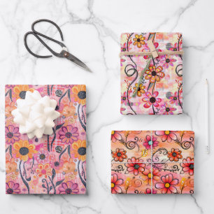 Blumendruck - Abstrakte Blume und Wein Geschenkpapier Set