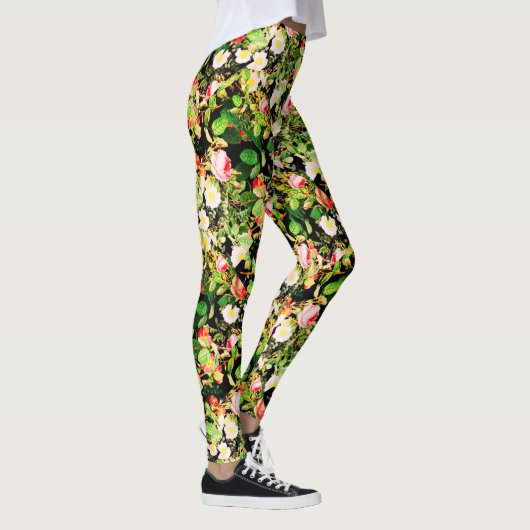Blumendruck Rose Rosa und Weiß Blume auf Schwarz Leggings