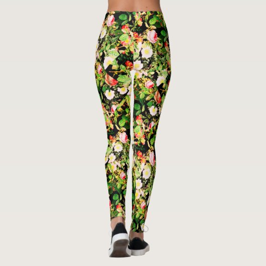 Blumendruck Rose Rosa und Weiß Blume auf Schwarz Leggings (Rückseite)